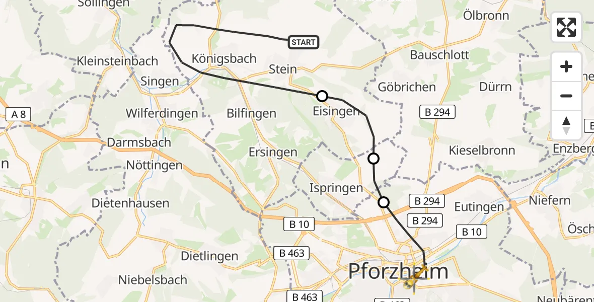 Flugroute Ambulanzhubschrauber Königsbach-Stein - Pforzheim, 03 Juni 2026, 11:50