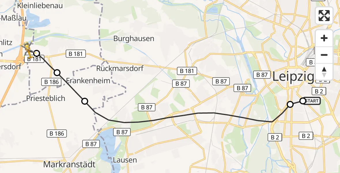 Flugroute Rettungshubschrauber Leipzig University Hospital Heliport 1 - ADAC Air Rescue Station Leipzig/Schkeuditz-Dölzig Hubschrauberlandeplatz (Christoph 61), 03 Juni 2026, 11:52