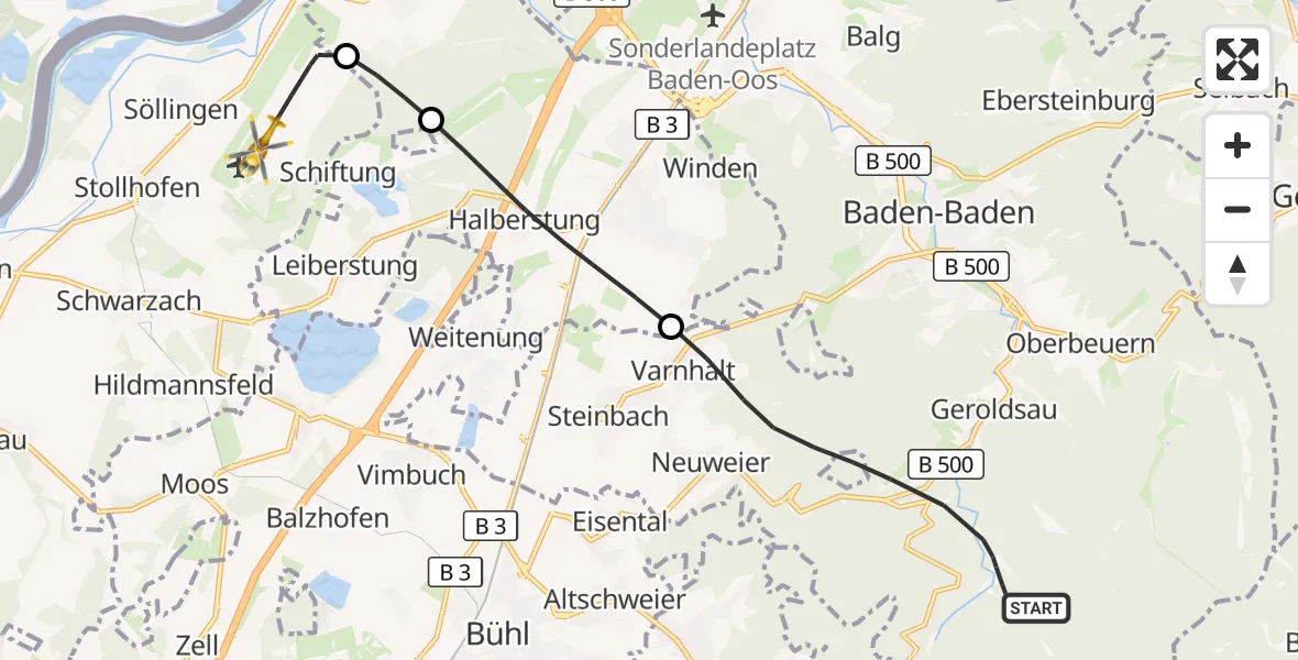 Flugroute Ambulanzhubschrauber Baden-Baden - Karlsruhe Baden-Baden Flughafen, 03 Juni 2026, 11:53