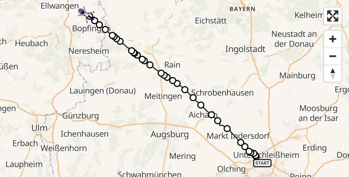 Flugroute Polizeihubschrauber Oberschleißheim - Unterschneidheim, 03 Juni 2026, 11:59