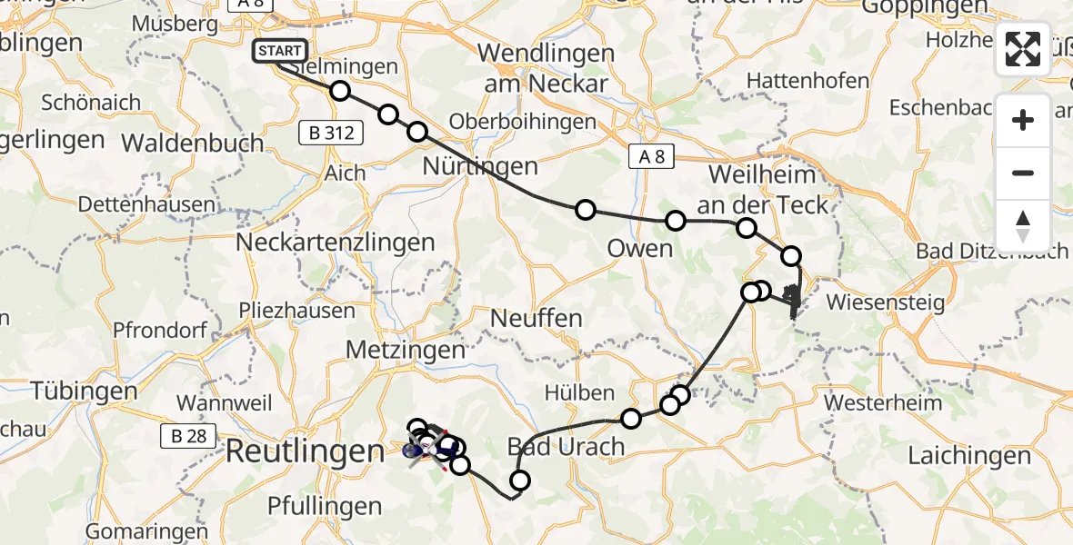 Flugroute Polizeihubschrauber Flughafen Stuttgart - Eningen unter Achalm, 03 Juni 2026, 12:07