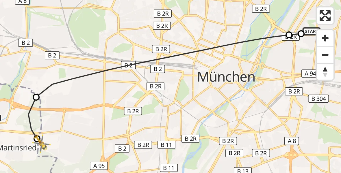 Flugroute Rettungshubschrauber München Bogenhausen Hospital - DRF Air Rescue München Hubschrauberlandeplatz, 03 Juni 2026, 12:11
