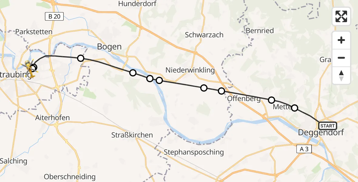 Flugroute Rettungshubschrauber Deggendorf - Sankt Elisabeth Hospital Straubing, 03 Juni 2026, 12:12