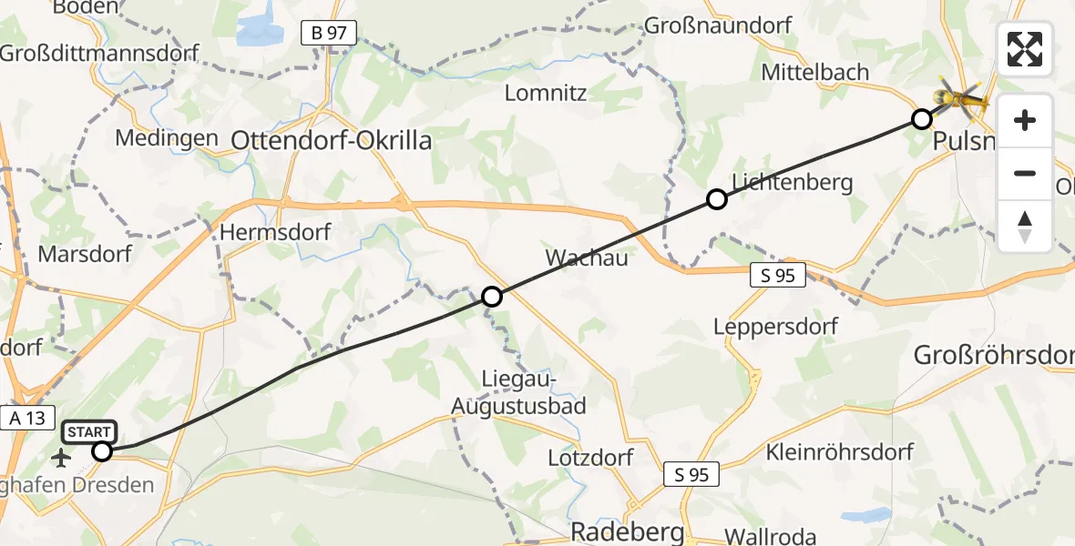Flugroute Rettungshubschrauber Dresden Flughafen - Pulsnitz, 03 Juni 2026, 12:13