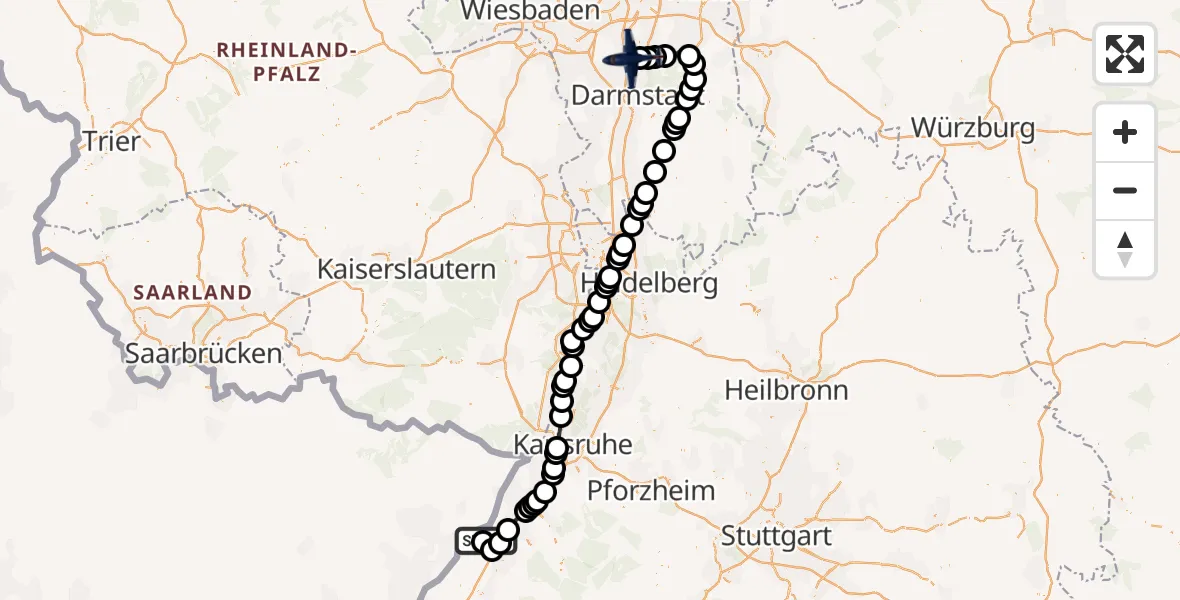 Flugroute Polizeiflugzeug Karlsruhe Baden-Baden Flughafen - Flughafen Frankfurt-Egelsbach, 03 Juni 2026, 12:14