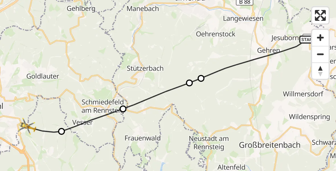 Flugroute Rettungshubschrauber Ilmenau - Schleusingen, 03 Juni 2026, 12:21