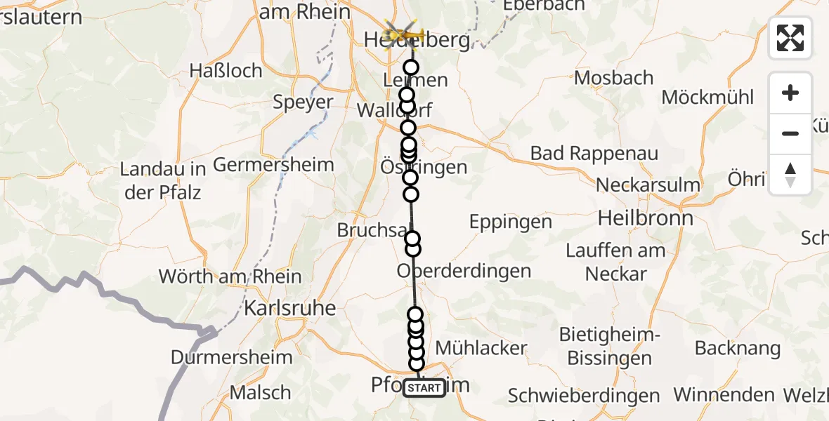 Flugroute Ambulanzhubschrauber Pforzheim - Heidelberg, 03 Juni 2026, 12:22