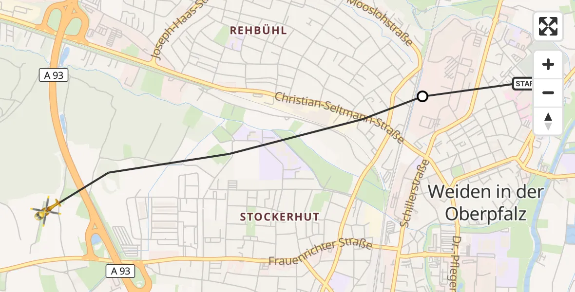 Flugroute Rettungshubschrauber Weiden Hospital - Weiden i.d.OPf., 03 Juni 2026, 12:27