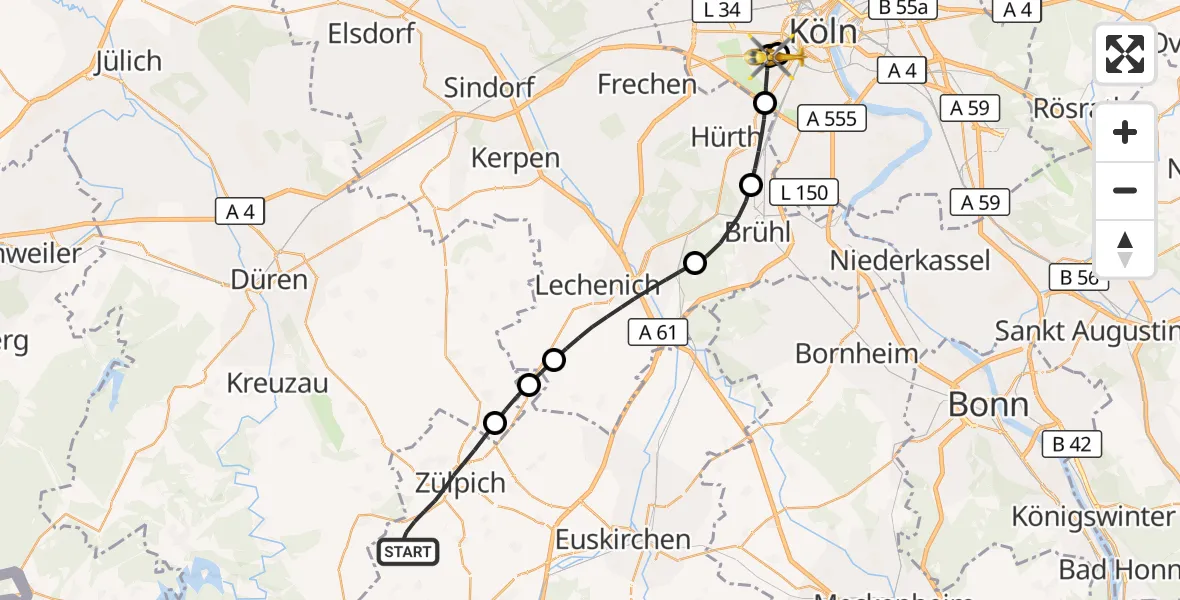 Flugroute Rettungshubschrauber Zülpich - Köln University Hospital, 03 Juni 2026, 12:28