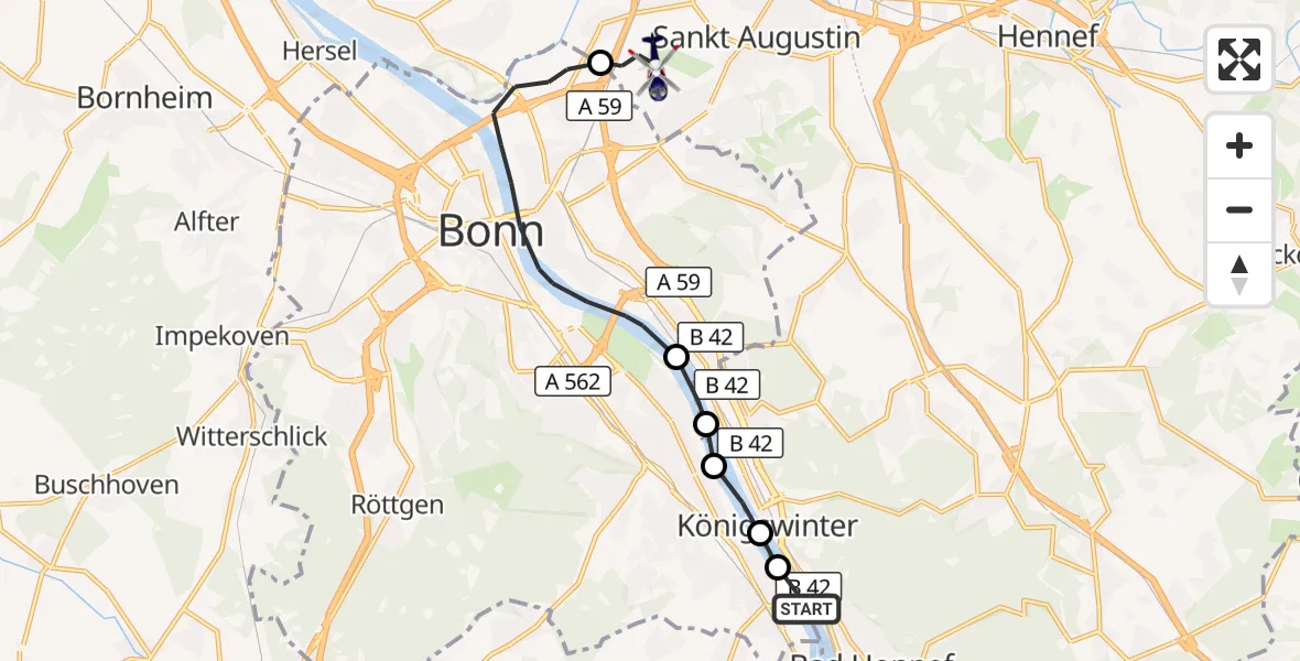 Flugroute Polizeihubschrauber Bad Honnef - Bonn-Hangelar Flugplatz, 03 Juni 2026, 12:31