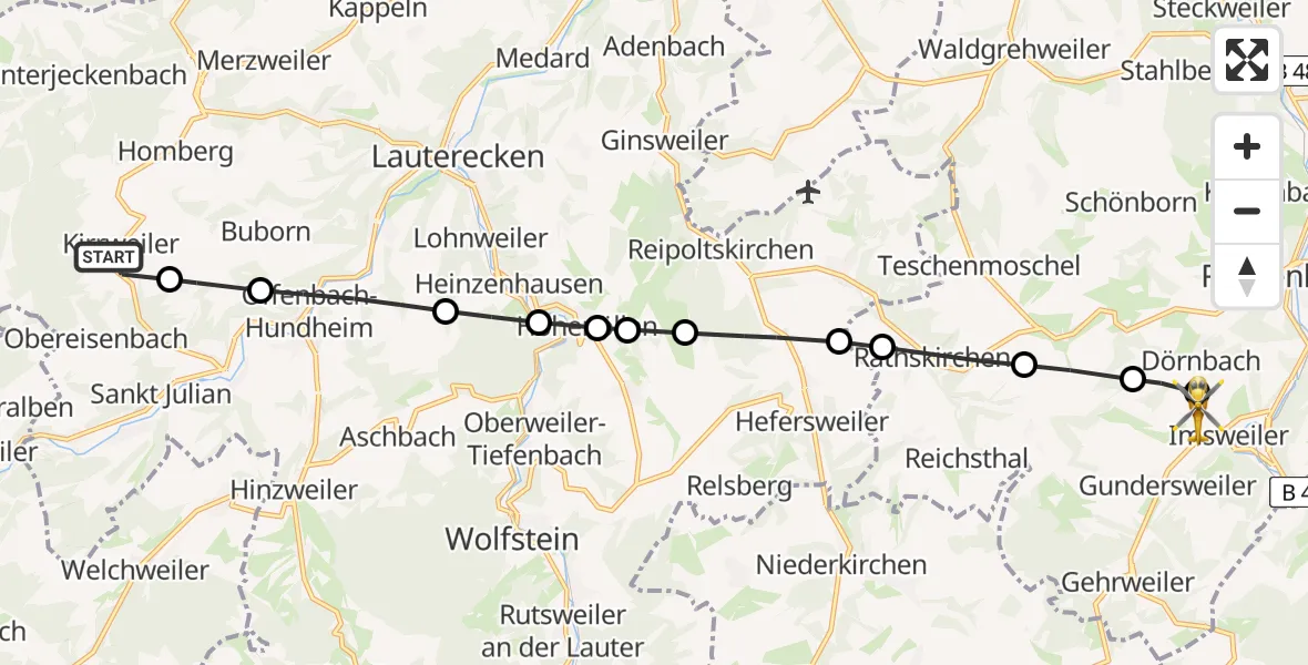 Flugroute Rettungshubschrauber Kirrweiler - Imsweiler UL, 03 Juni 2026, 12:33