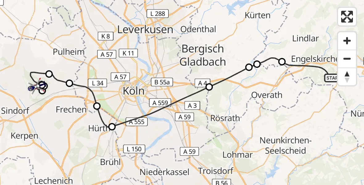 Flugroute Polizeihubschrauber Engelskirchen - Bergheim, 03 Juni 2026, 12:44