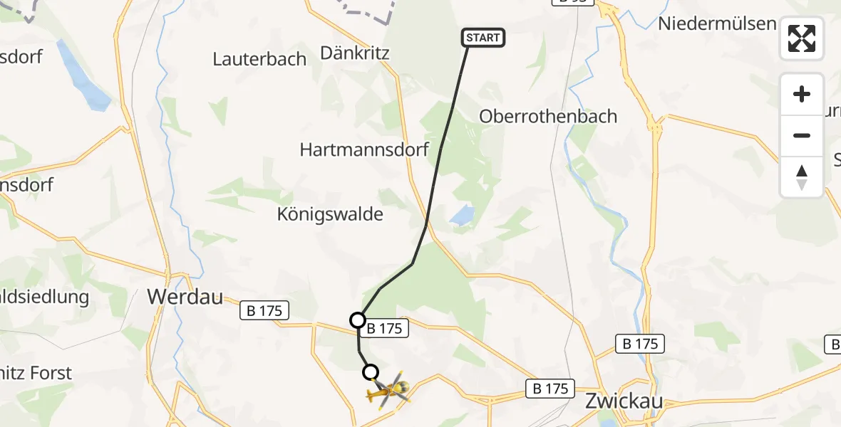 Flugroute Rettungshubschrauber Zwickau - ADAC Air Rescue Station Zwickau Hubschrauberlandeplatz, 03 Juni 2026, 12:44