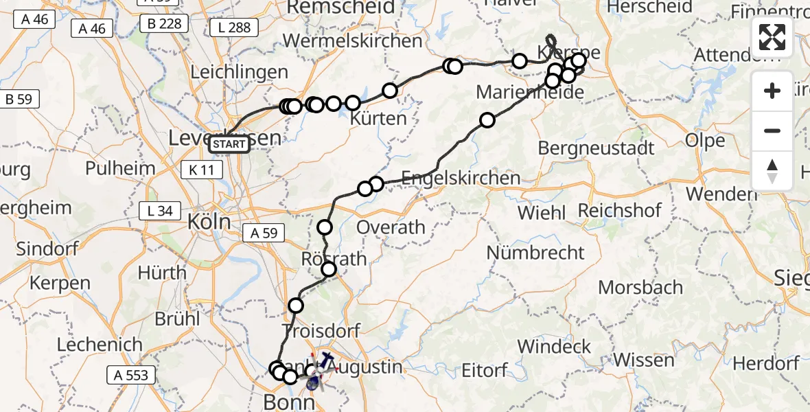 Flugroute Polizeihubschrauber Leverkusen - Bonn-Hangelar Flugplatz, 03 Juni 2026, 12:48