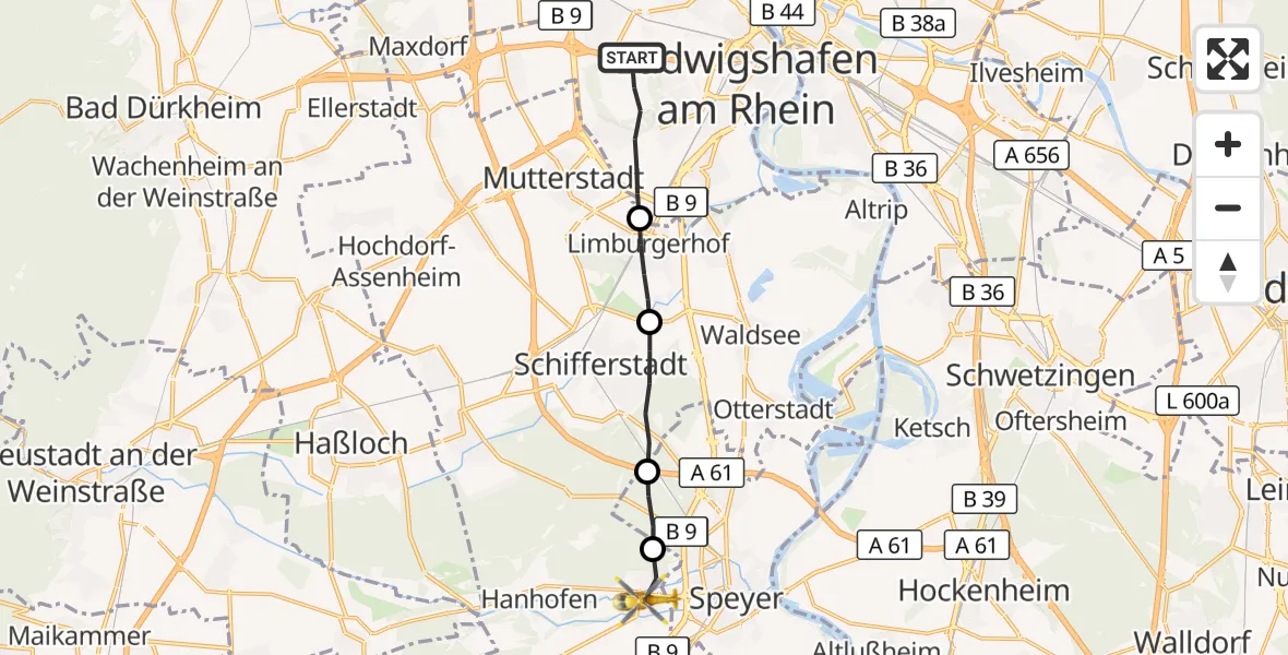 Flugroute Rettungshubschrauber Ludwigshafen am Rhein - Dudenhofen, 03 Juni 2026, 12:48