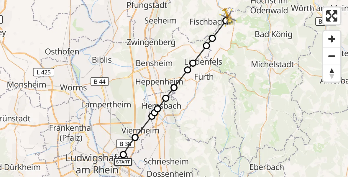 Flugroute Rettungshubschrauber Mannheim-City Flughafen - Brensbach, 03 Juni 2026, 12:48