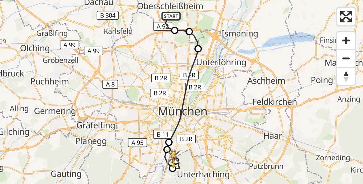 Flugroute Rettungshubschrauber Oberschleißheim - ADAC Air Rescue Center Hubschrauberlandeplatz (Christoph 1), 03 Juni 2026, 12:50