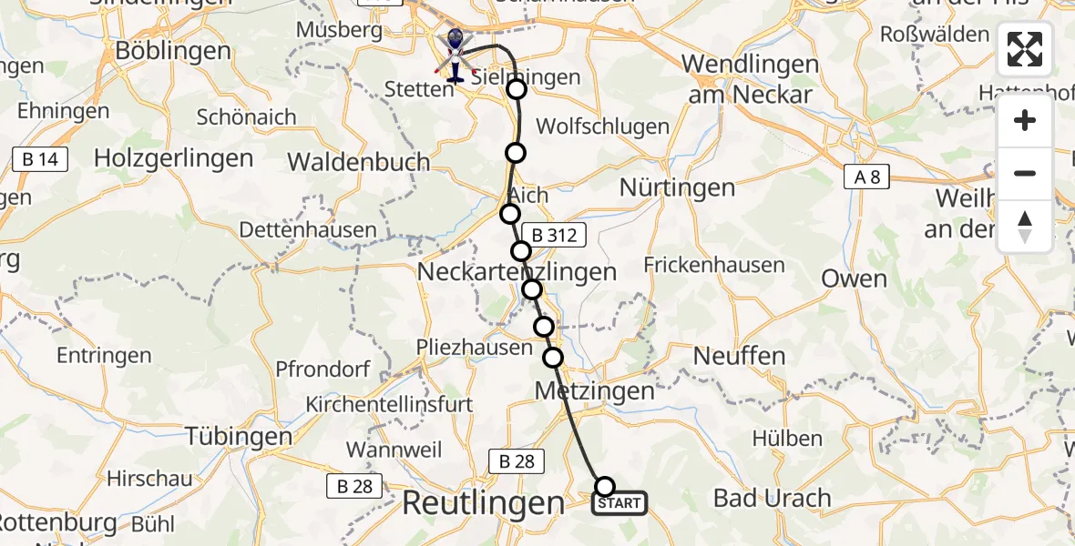 Flugroute Polizeihubschrauber Eningen unter Achalm - Flughafen Stuttgart, 03 Juni 2026, 12:56