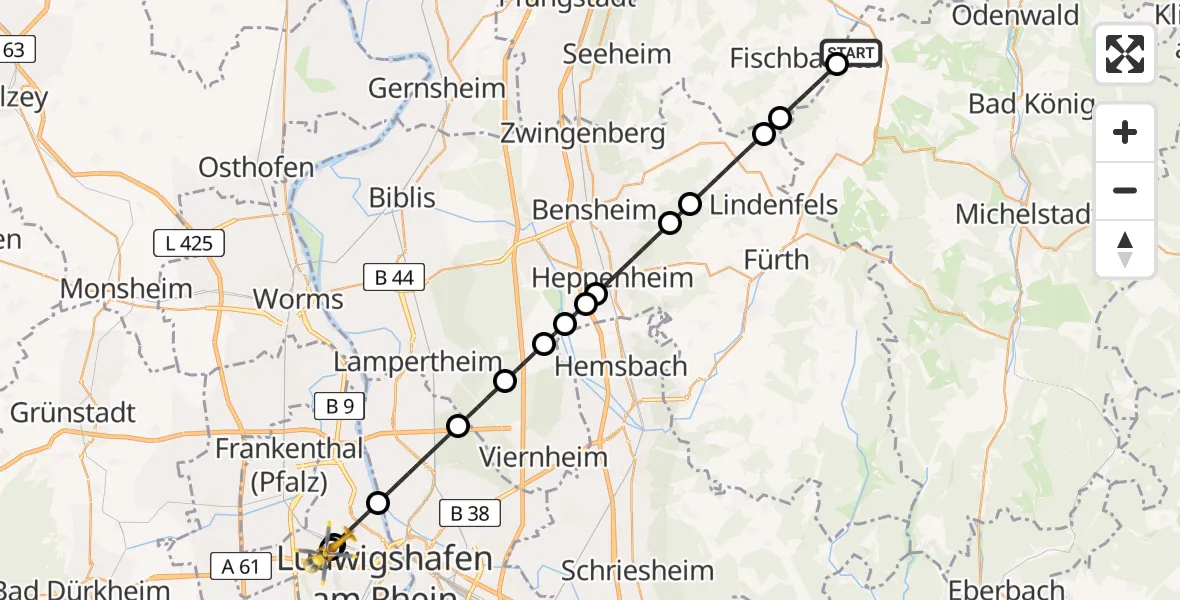 Flugroute Rettungshubschrauber Brensbach - Ludwigshafen Accident Hospital, 03 Juni 2026, 13:14