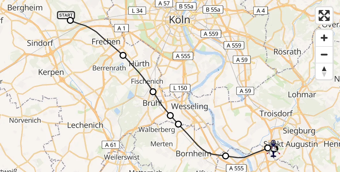 Flugroute Polizeihubschrauber Bergheim - Sankt Augustin, 03 Juni 2026, 13:14