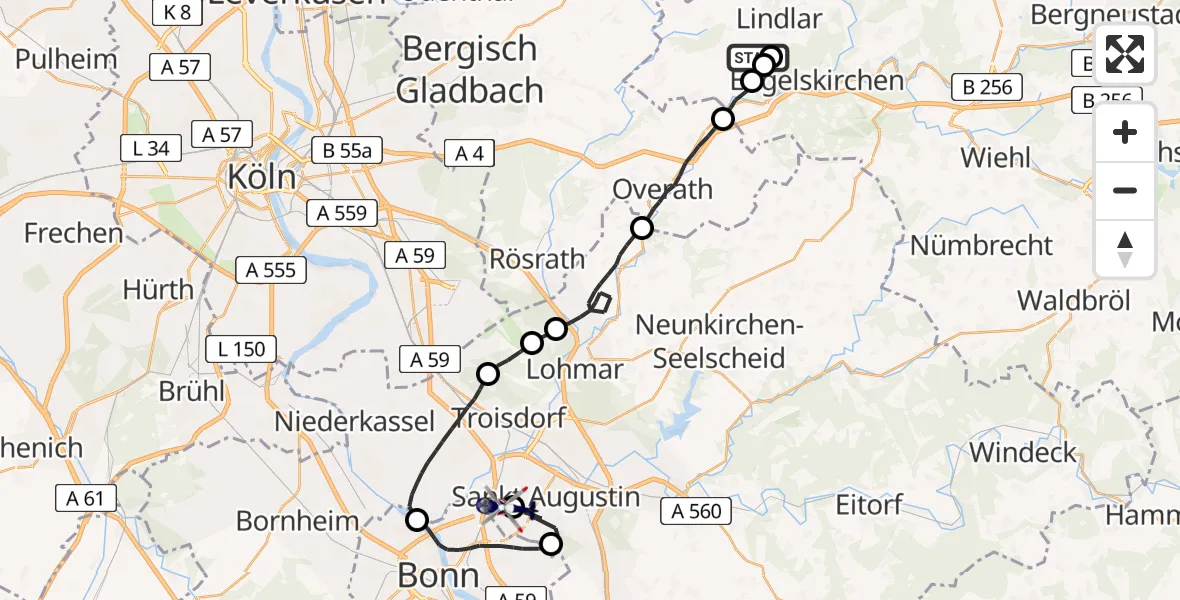 Flugroute Polizeihubschrauber Lindlar - Bonn-Hangelar Flugplatz, 03 Juni 2026, 13:20