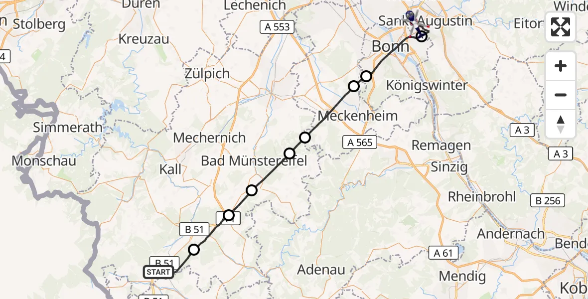 Flugroute Polizeihubschrauber Dahlem - Bonn-Hangelar Flugplatz, 03 Juni 2026, 13:24