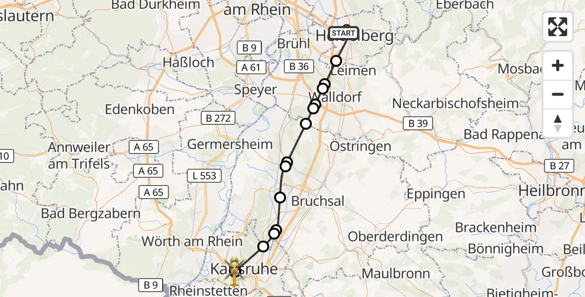 Flugroute Ambulanzhubschrauber Heidelberg - Sankt Vincentius Hospital, 03 Juni 2026, 13:24