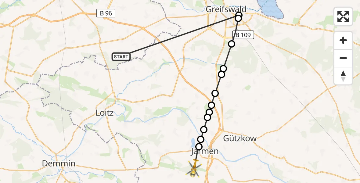 Flugroute Rettungshubschrauber Süderholz - Kruckow, 03 Juni 2026, 13:24