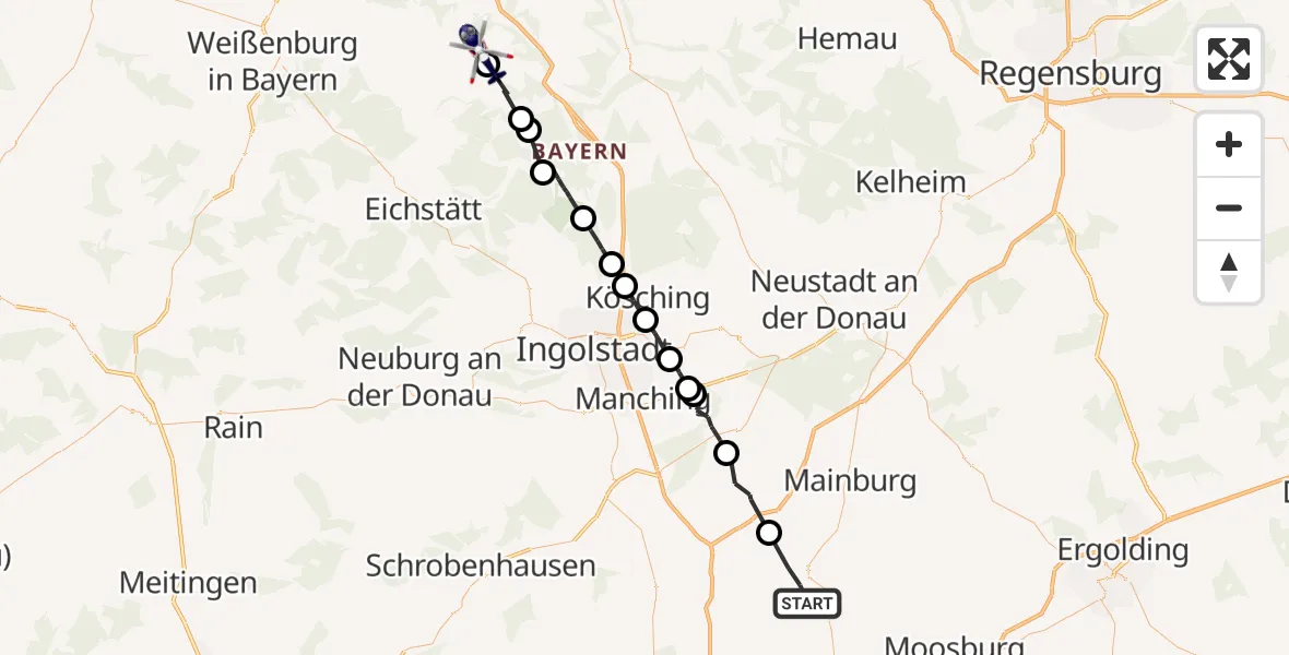 Flugroute Polizeihubschrauber Au i.d.Hallertau - Greding, 03 Juni 2026, 13:26