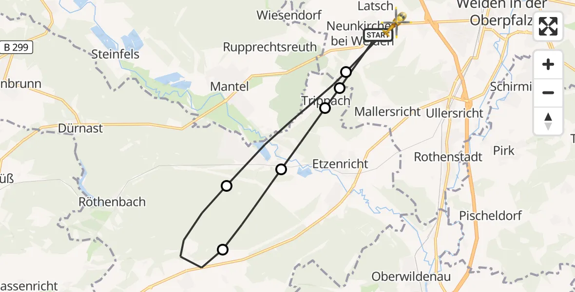 Flugroute Rettungshubschrauber Weiden i.d.OPf. - Weiden i.d.OPf., 03 Juni 2026, 13:28