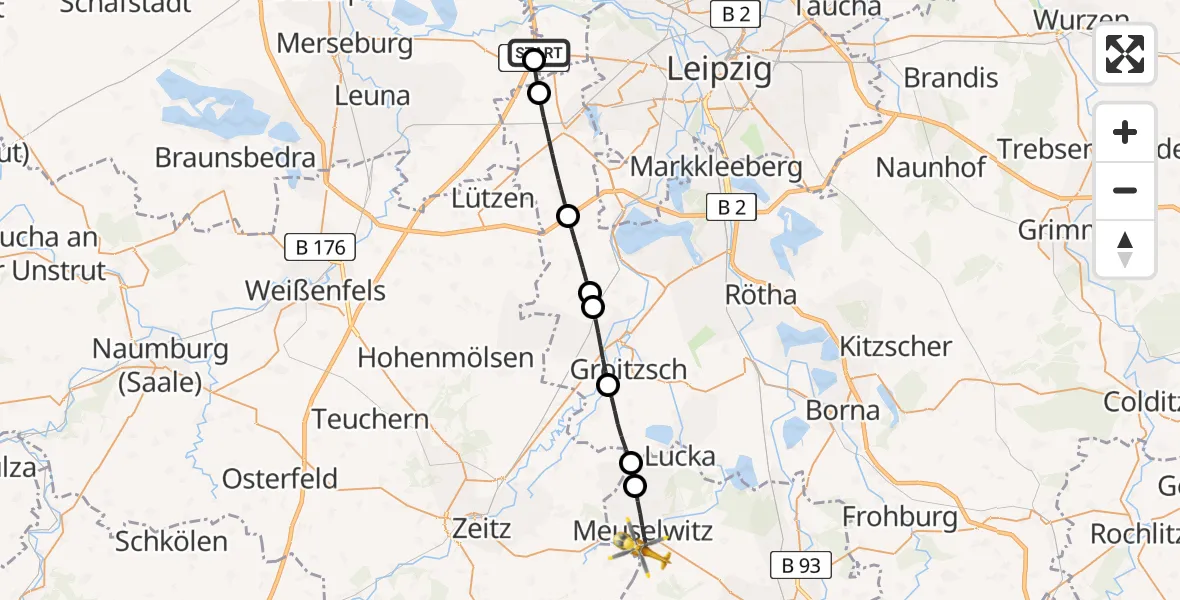 Flugroute Rettungshubschrauber ADAC Air Rescue Station Leipzig/Schkeuditz-Dölzig Hubschrauberlandeplatz (Christoph 61) - Meuselwitz, 03 Juni 2026, 13:30