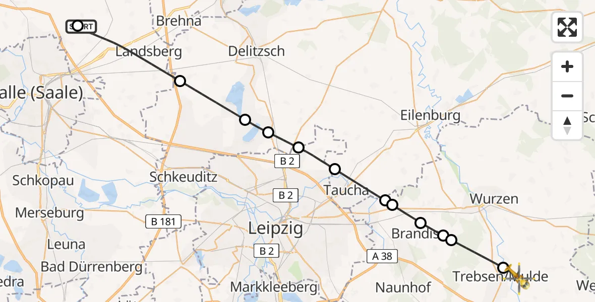 Flugroute Rettungshubschrauber Halle-Oppin Flugplatz - Trebsen/Mulde, 03 Juni 2026, 13:39