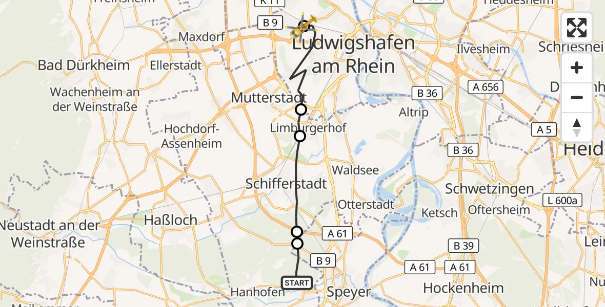 Flugroute Rettungshubschrauber Dudenhofen - Ludwigshafen Accident Hospital, 03 Juni 2026, 13:42