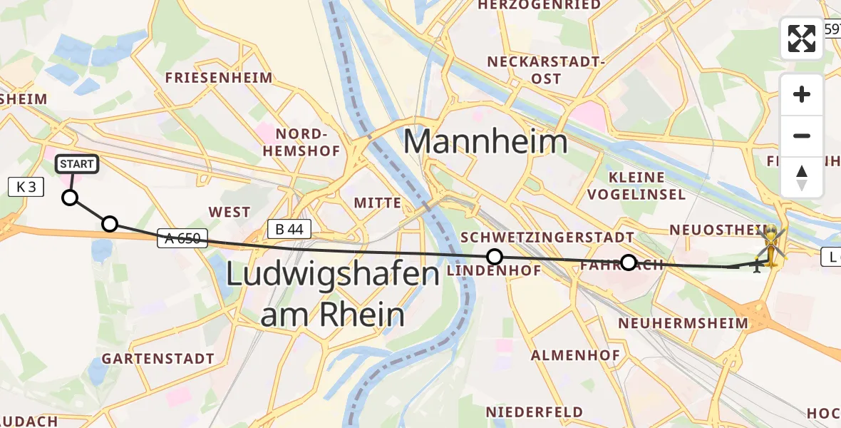 Flugroute Rettungshubschrauber Ludwigshafen Accident Hospital - Mannheim-City Flughafen, 03 Juni 2026, 13:45