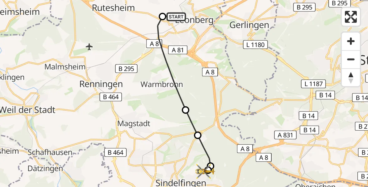 Flugroute Rettungshubschrauber Leonberg Hospital - Sindelfingen Hospital, 03 Juni 2026, 13:50