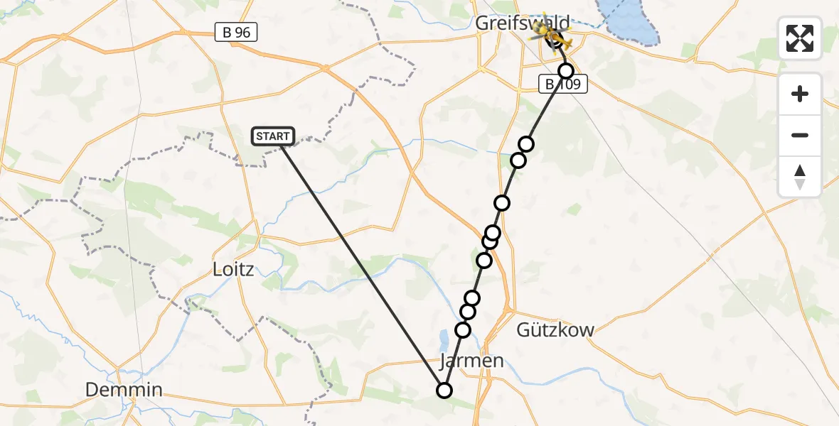 Flugroute Rettungshubschrauber Süderholz - Greifswald Hospital, 03 Juni 2026, 13:57