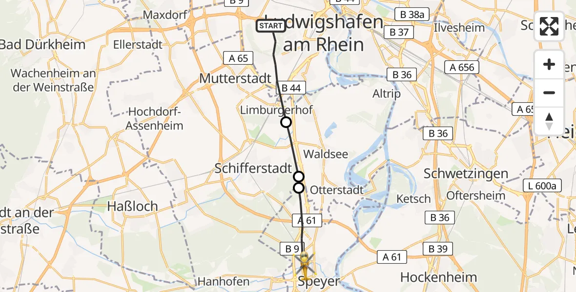 Flugroute Rettungshubschrauber Ludwigshafen am Rhein - Speyer, 03 Juni 2026, 14:15