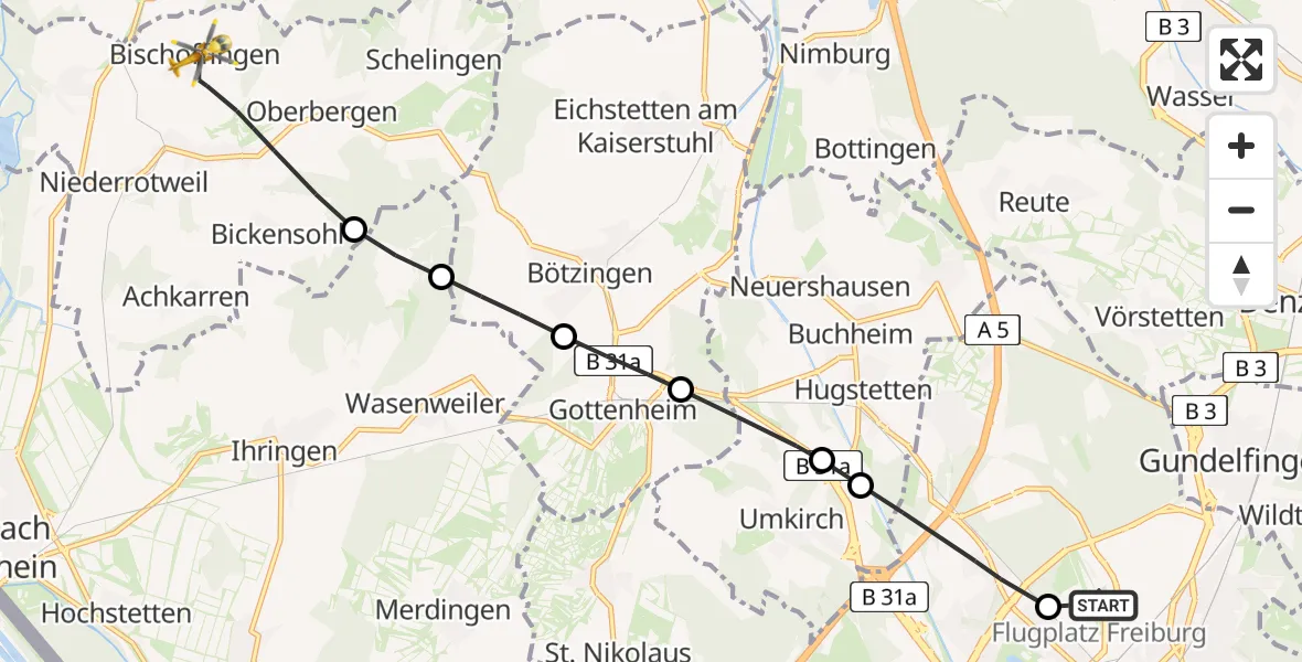 Flugroute Rettungshubschrauber Freiburg im Breisgau Flugplatz - Vogtsburg im Kaiserstuhl, 03 Juni 2026, 14:15