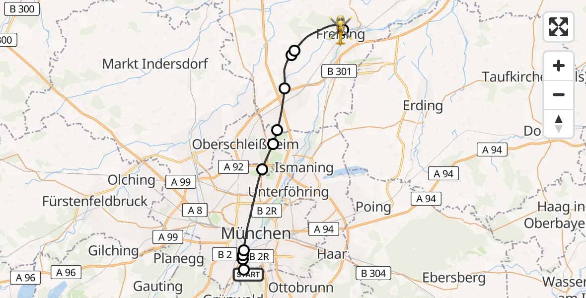 Flugroute Rettungshubschrauber ADAC Air Rescue Center Hubschrauberlandeplatz (Christoph 1) - Freising Clinic Hubschrauberlandeplatz, 03 Juni 2026, 14:16