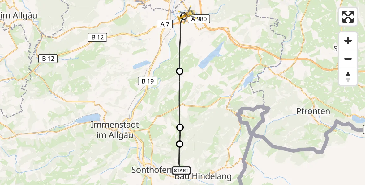 Flugroute Rettungshubschrauber Sonthofen - Kempten-Durach Flugplatz, 03 Juni 2026, 14:19
