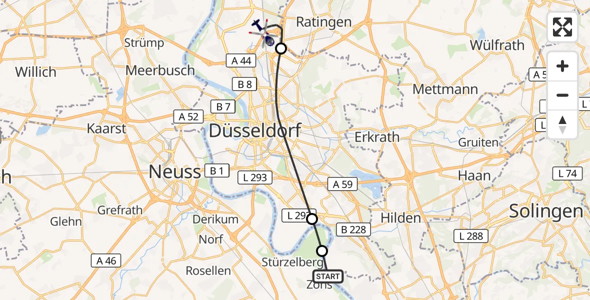Flugroute Polizeihubschrauber Düsseldorf - Düsseldorf Flughafen, 03 Juni 2026, 14:19