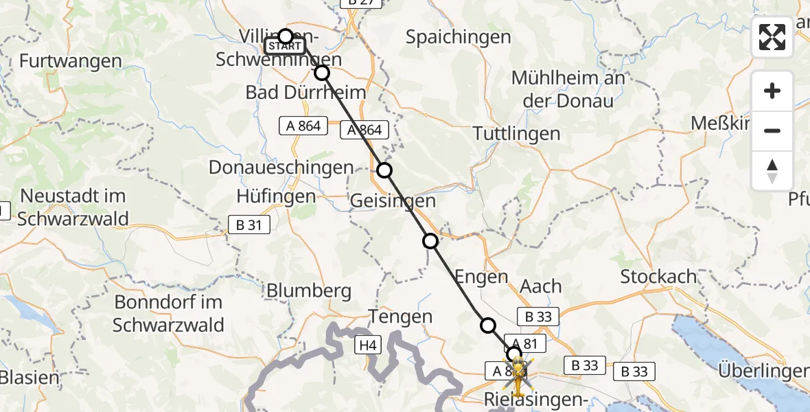 Flugroute Ambulanzhubschrauber DRF Air Rescue Station Villingen-Schwenningen Hubschrauberlandeplatz (Christoph 11) - Singen (Hohentwiel), 03 Juni 2026, 14:24