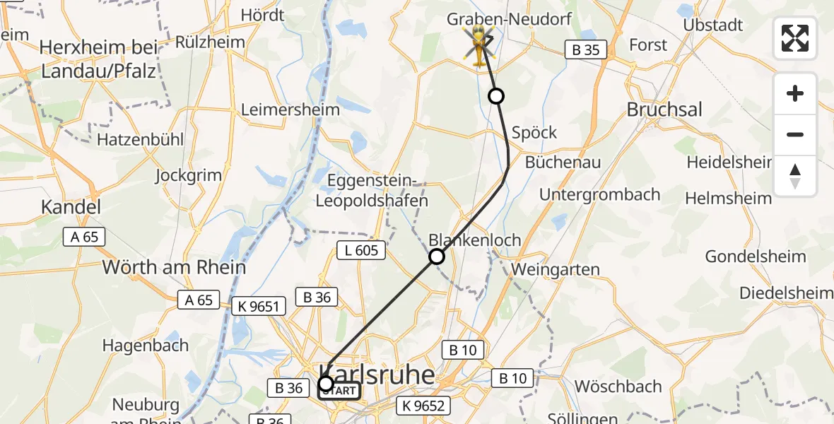 Flugroute Ambulanzhubschrauber Sankt Vincentius Hospital - Graben-Neudorf, 03 Juni 2026, 14:30