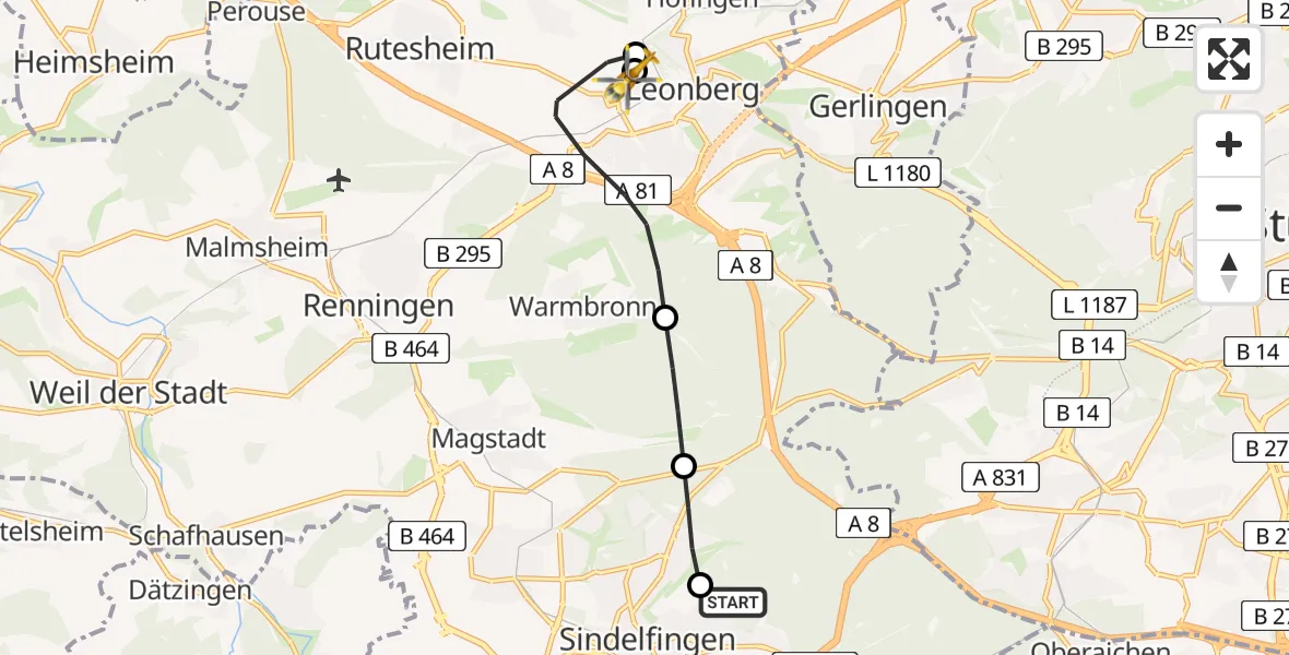 Flugroute Rettungshubschrauber Sindelfingen Hospital - Leonberg Hospital, 03 Juni 2026, 14:42