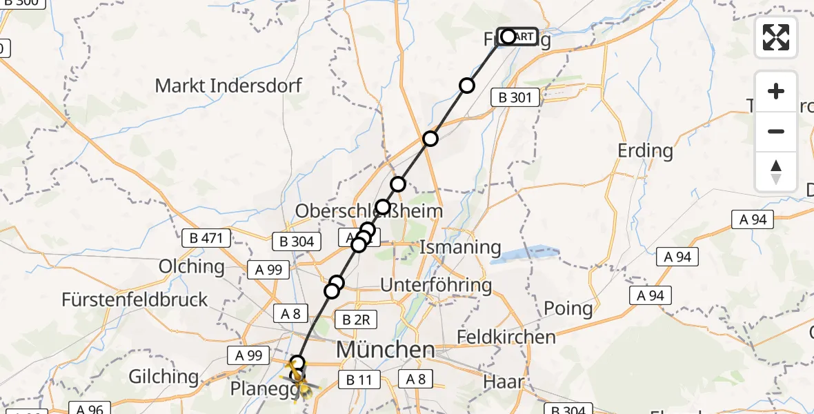 Flugroute Rettungshubschrauber Freising Clinic Hubschrauberlandeplatz - DRF Air Rescue München Hubschrauberlandeplatz, 03 Juni 2026, 14:45