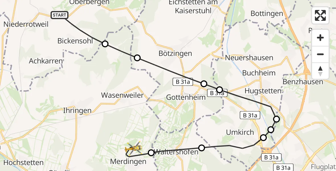 Flugroute Rettungshubschrauber Vogtsburg im Kaiserstuhl - Merdingen, 03 Juni 2026, 14:50