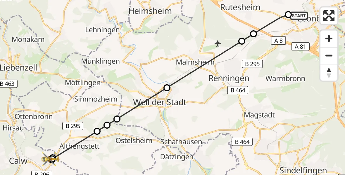 Flugroute Rettungshubschrauber Leonberg Hospital - Calw, 03 Juni 2026, 14:54