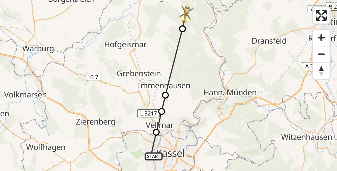 Flugroute Rettungshubschrauber Kassel - Hofgeismar, 03 Juni 2026, 14:58