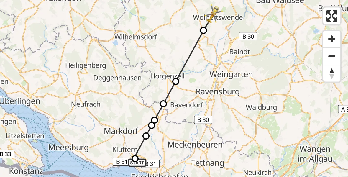 Flugroute Rettungshubschrauber Friedrichshafen Hospital - Wolpertswende, 03 Juni 2026, 14:58