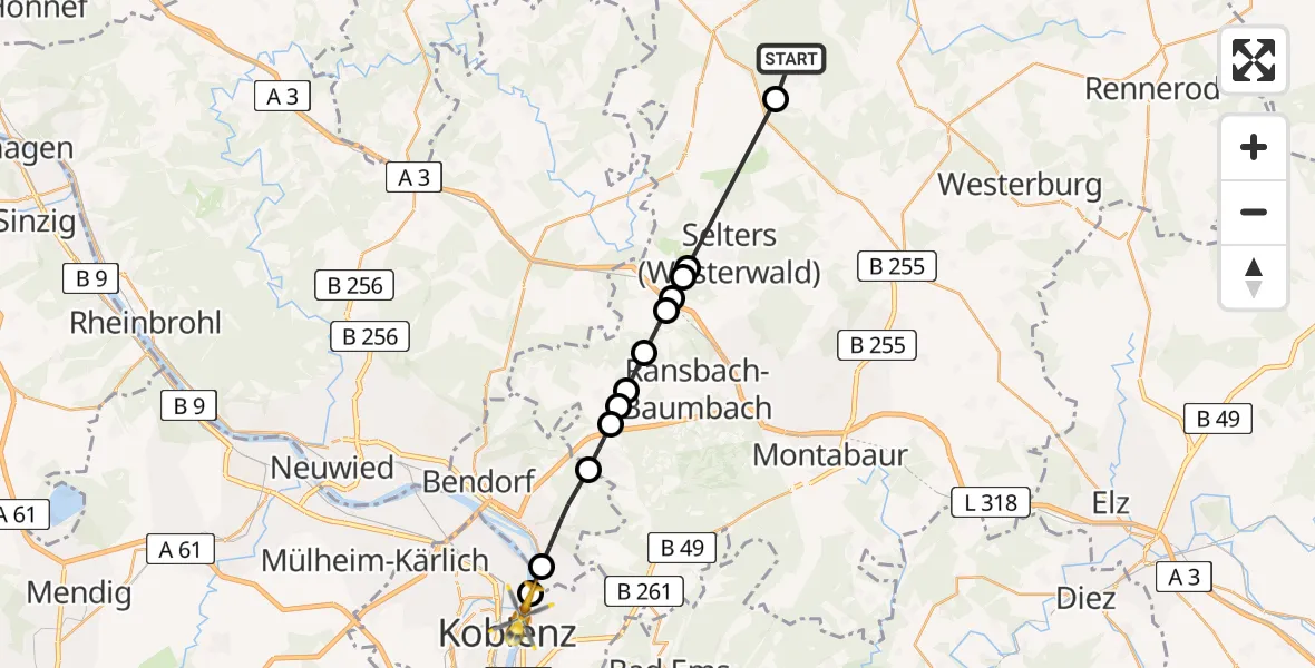 Flugroute Rettungshubschrauber Hachenburg - Koblenz, 03 Juni 2026, 15:05